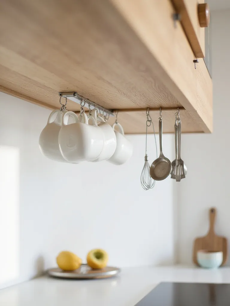 Under-cabinet hooks holding white mugs and metal kitchen tools, showcasing a clever kitchen organization and space-saving idea.
