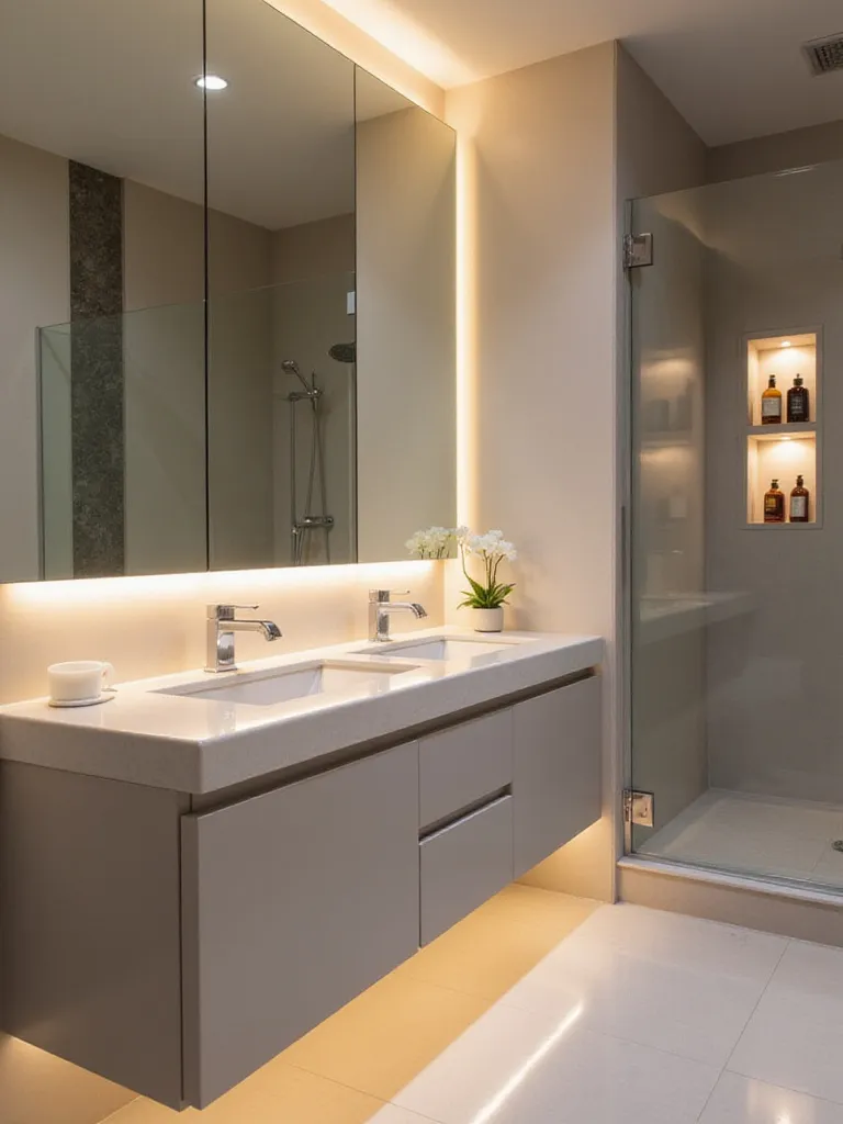 Modern bathroom showcasing integrated LED lighting under a floating vanity, behind a backlit mirror, and within a shower niche.