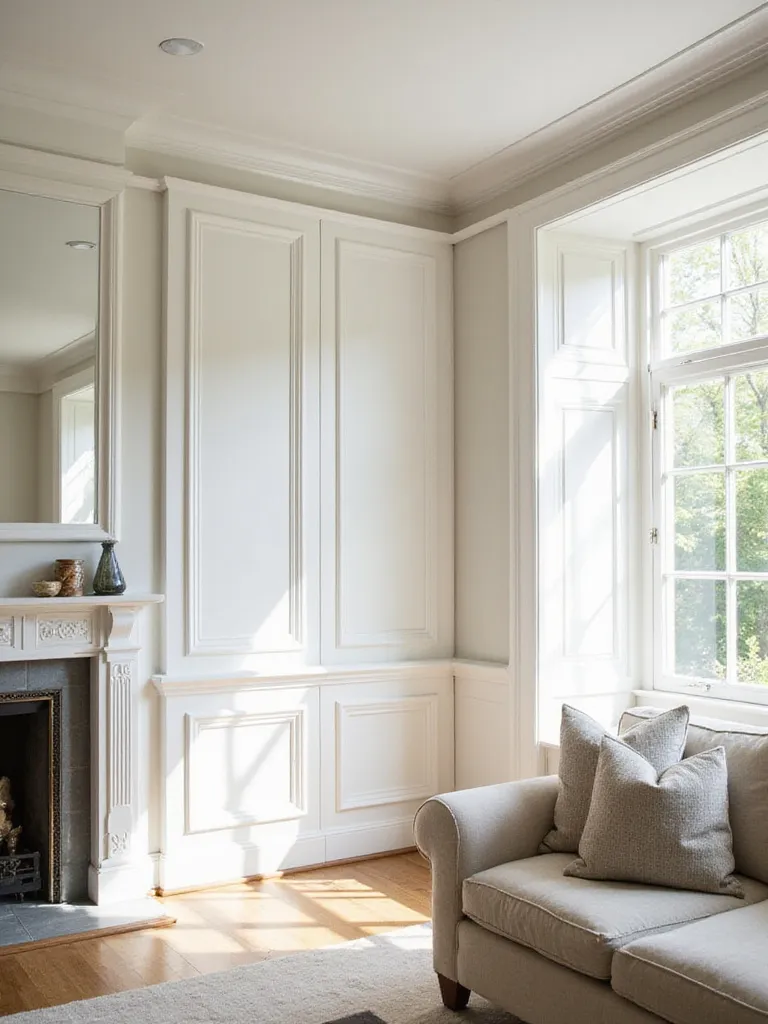 Elegant living room with white architectural moulding, including panel moulding, chair rail, and crown moulding, on neutral walls.