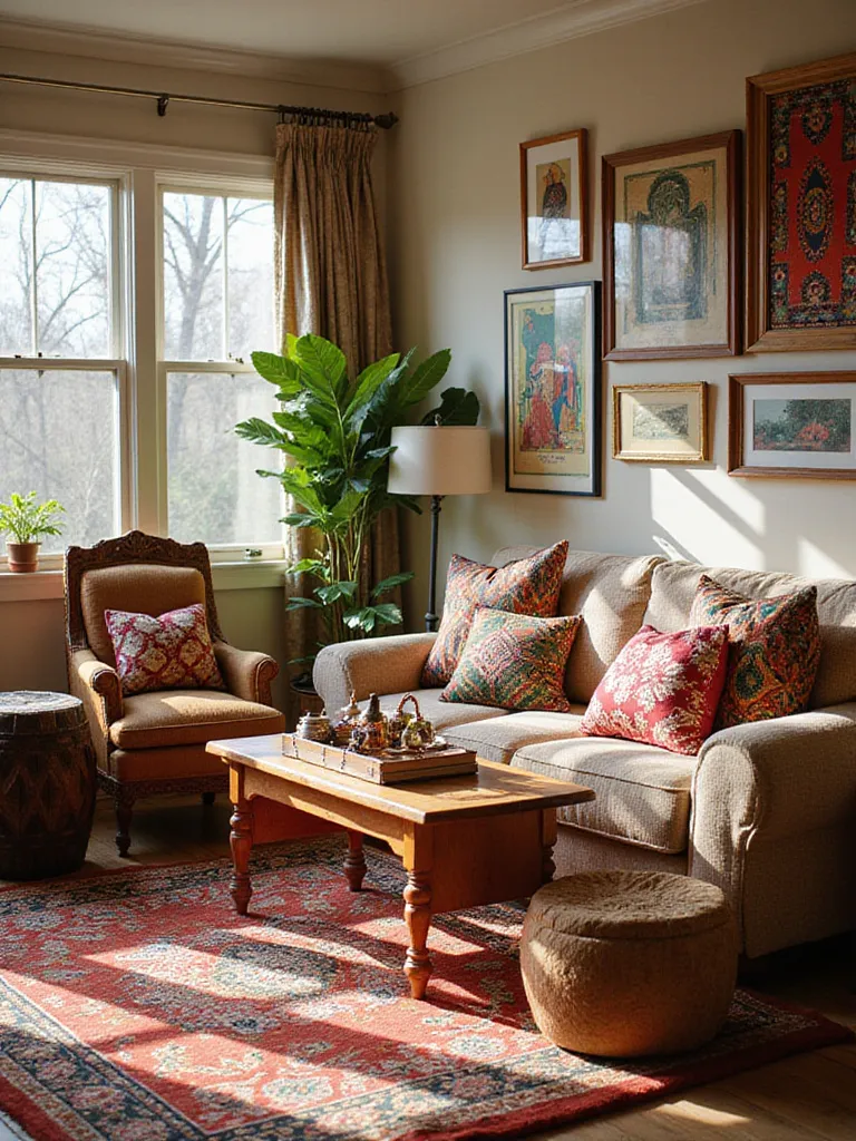 An eclectic living room showcasing global decor, featuring a Moroccan rug, African stool, a gallery wall with international art, and diverse textiles.