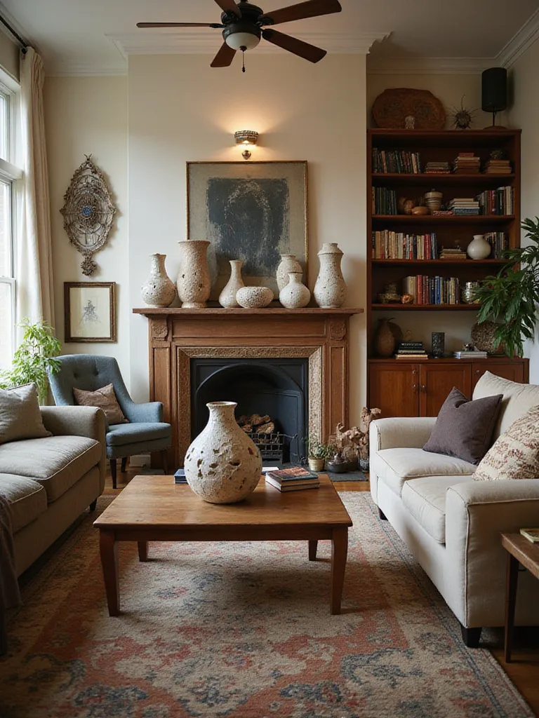 An eclectic living room featuring a mix of furniture, textiles, and art, showcasing various sculptural and unique decorative accessories on tables, shelves, and walls.
