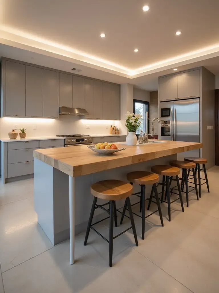 Modern kitchen with a large kitchen island featuring butcher block countertop and bar stools