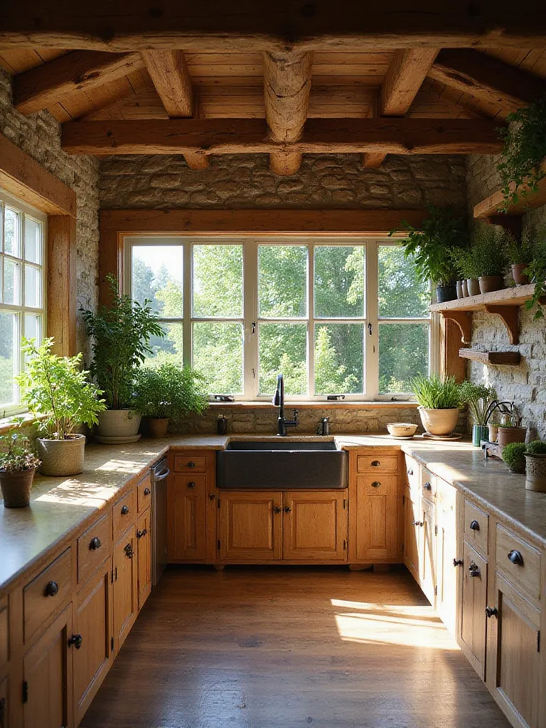 A rustic kitchen featuring wooden beams, stone walls, and open shelves filled with potted green plants and fresh herbs, bathed in natural light.