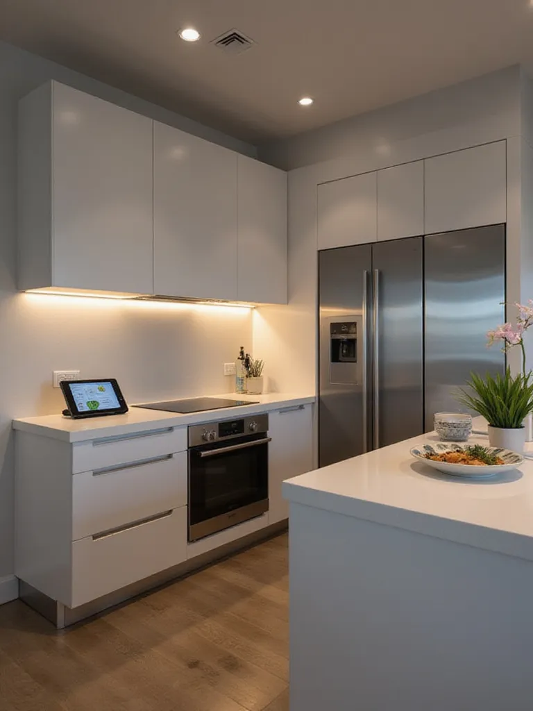 Modern kitchen featuring integrated smart appliances like a smart oven, cooktop, and refrigerator, with subtle smart lighting and display.