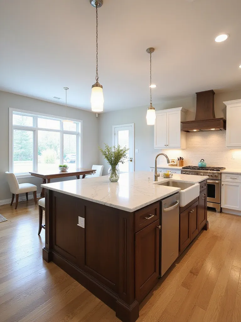 Modern kitchen with dark wood island and white marble countertop