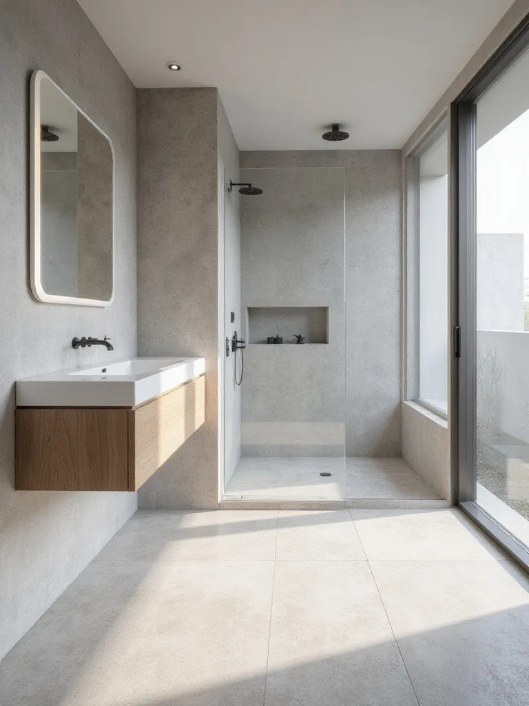Modern bathroom with seamless light grey microcement walls and floor, featuring a minimalist wooden vanity and glass shower partition.