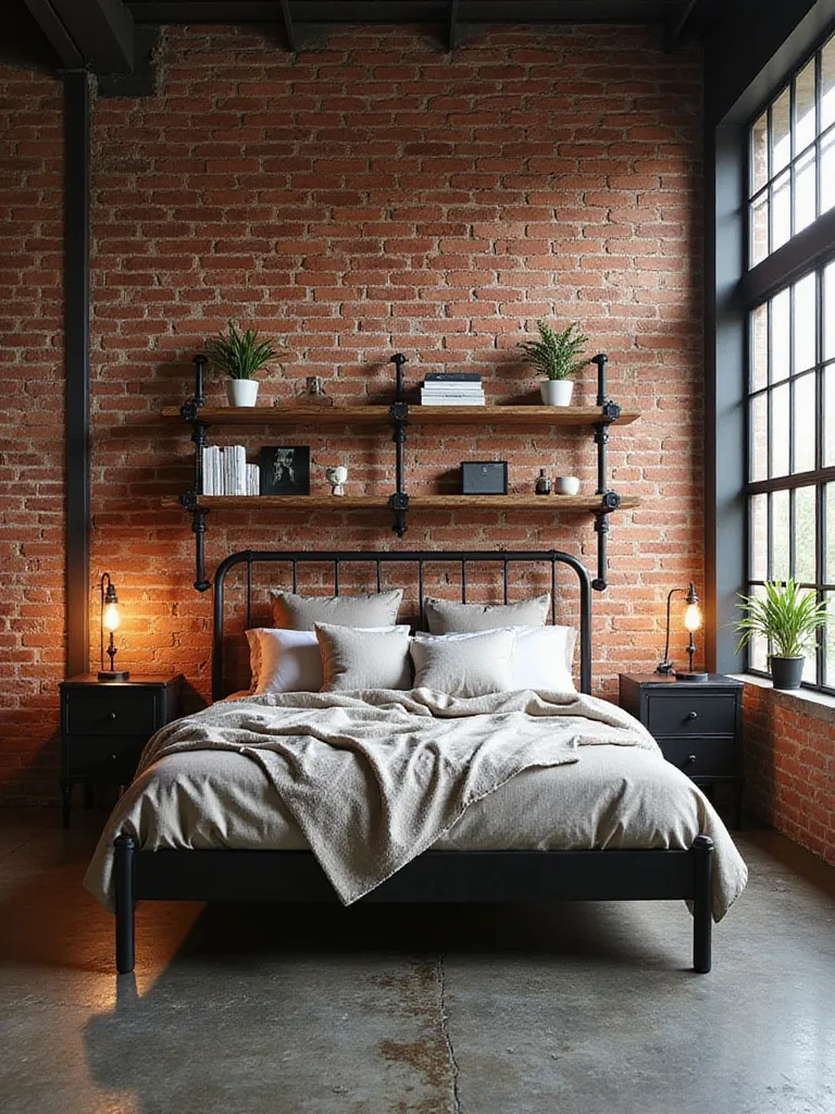 An industrial bedroom featuring an exposed red brick accent wall, a black metal frame bed, open metal pipe shelving, and industrial lighting, showcasing the raw and textured aesthetic.