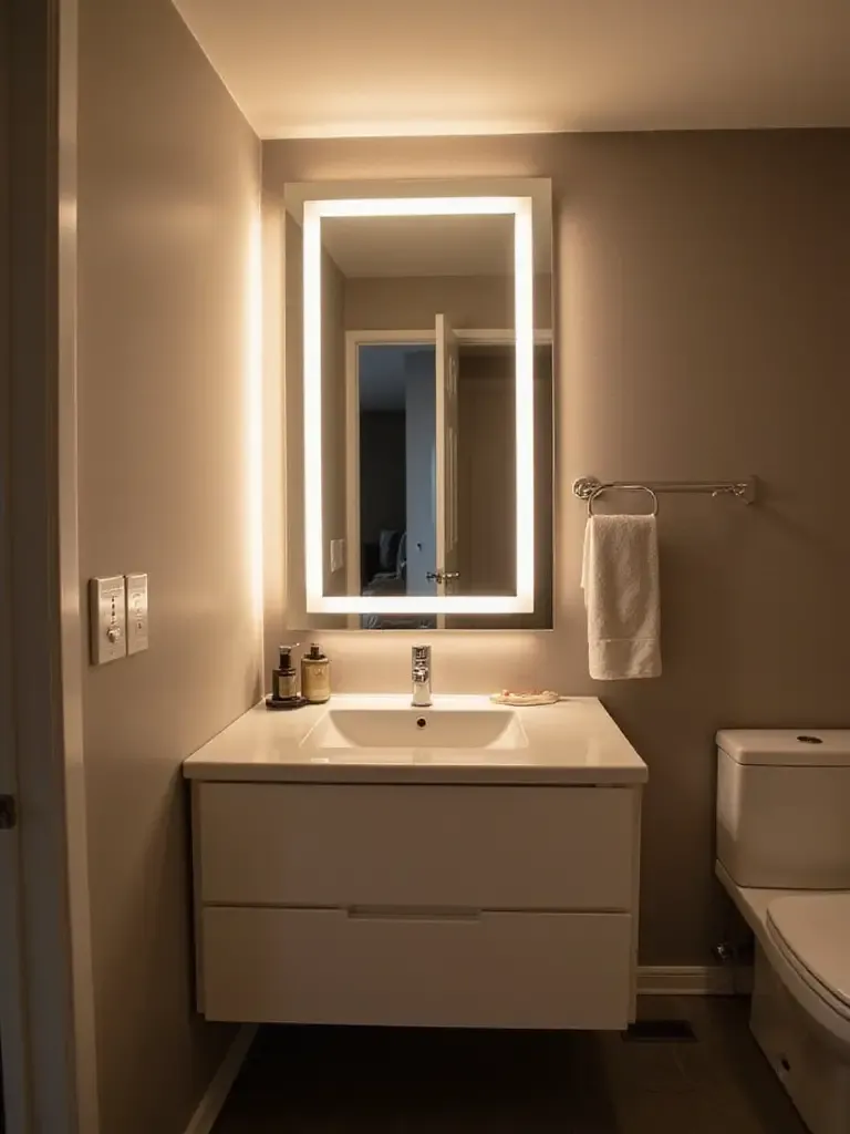 Modern bathroom vanity with adjustable LED lighting controlled by a dimmer switch.