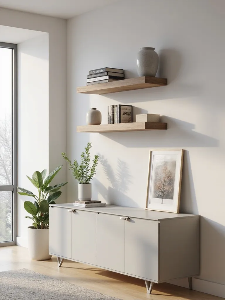 Floating shelves on a modern living room wall displaying books, plants, and decor. Adds storage and style.