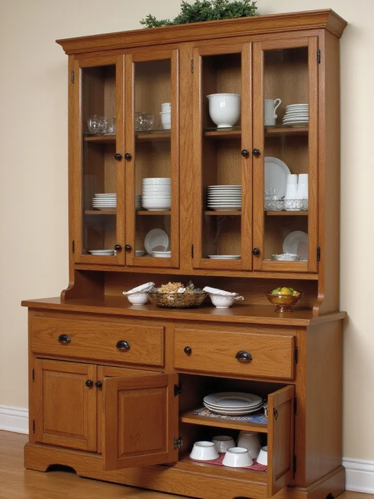 A functional and stylish buffet or hutch in a dining room, with upper shelves for dishes and lower cabinets cleverly used for storing pet supplies.