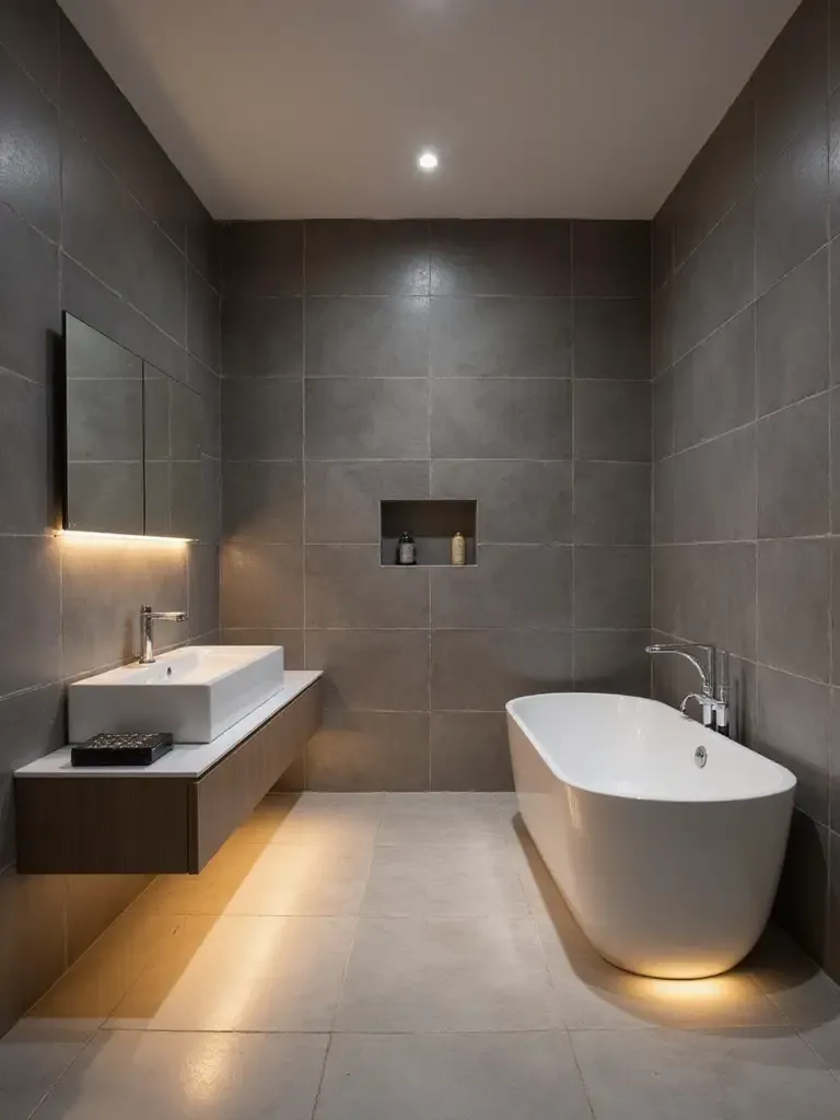 Modern bathroom with smart LED recessed lighting and under-vanity light strip controlled via an app.