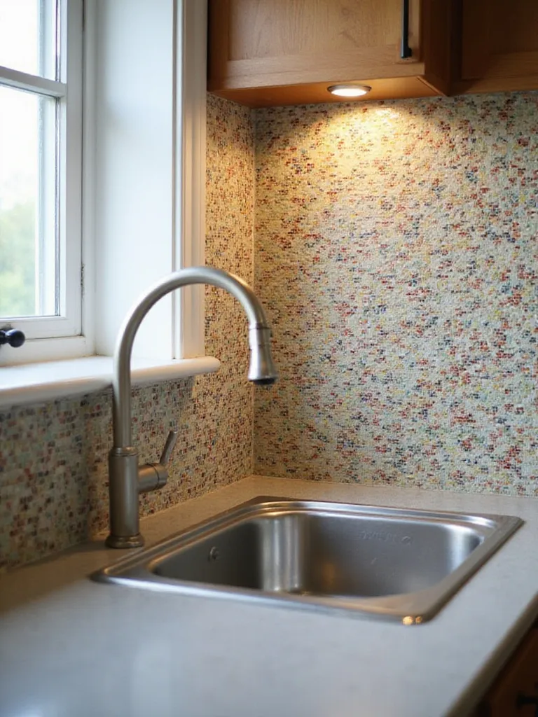 A vibrant kitchen backsplash featuring an intricate pattern made from small, colorful glass mosaic tiles behind a stainless steel sink.