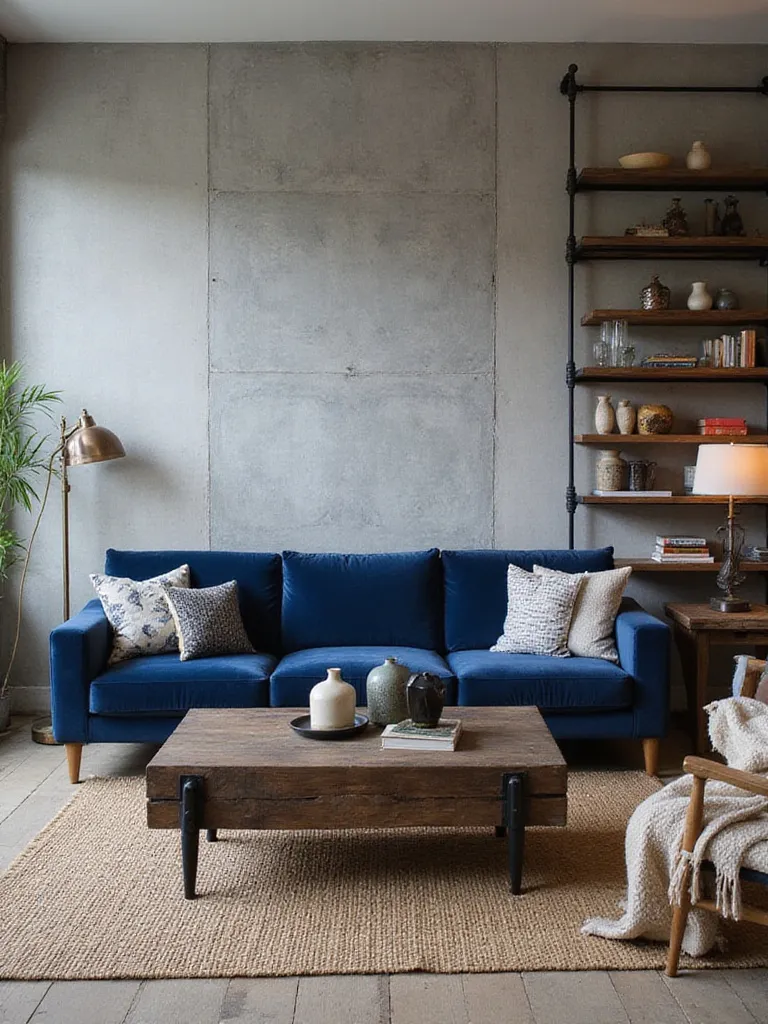 Eclectic living room featuring a concrete accent wall, deep blue velvet sofa, raw wood and steel coffee table, and industrial pipe shelving, showcasing a mix of unexpected materials and textures.