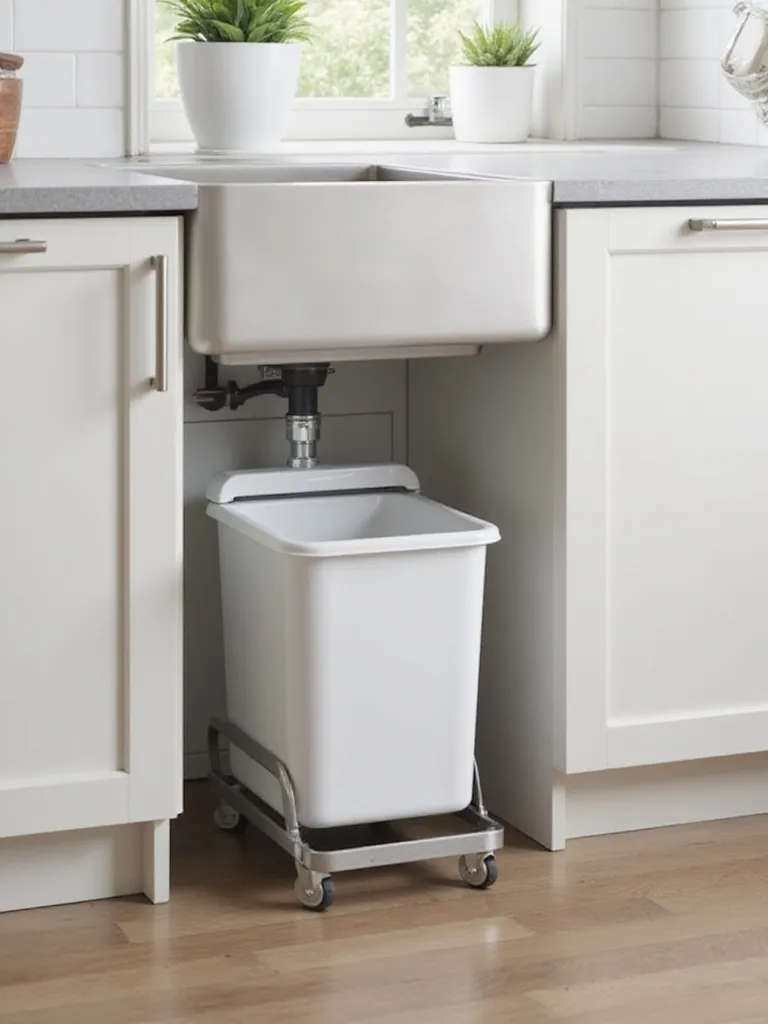 A professional photo of a slim trash can under a kitchen sink, showcasing a space-efficient design.