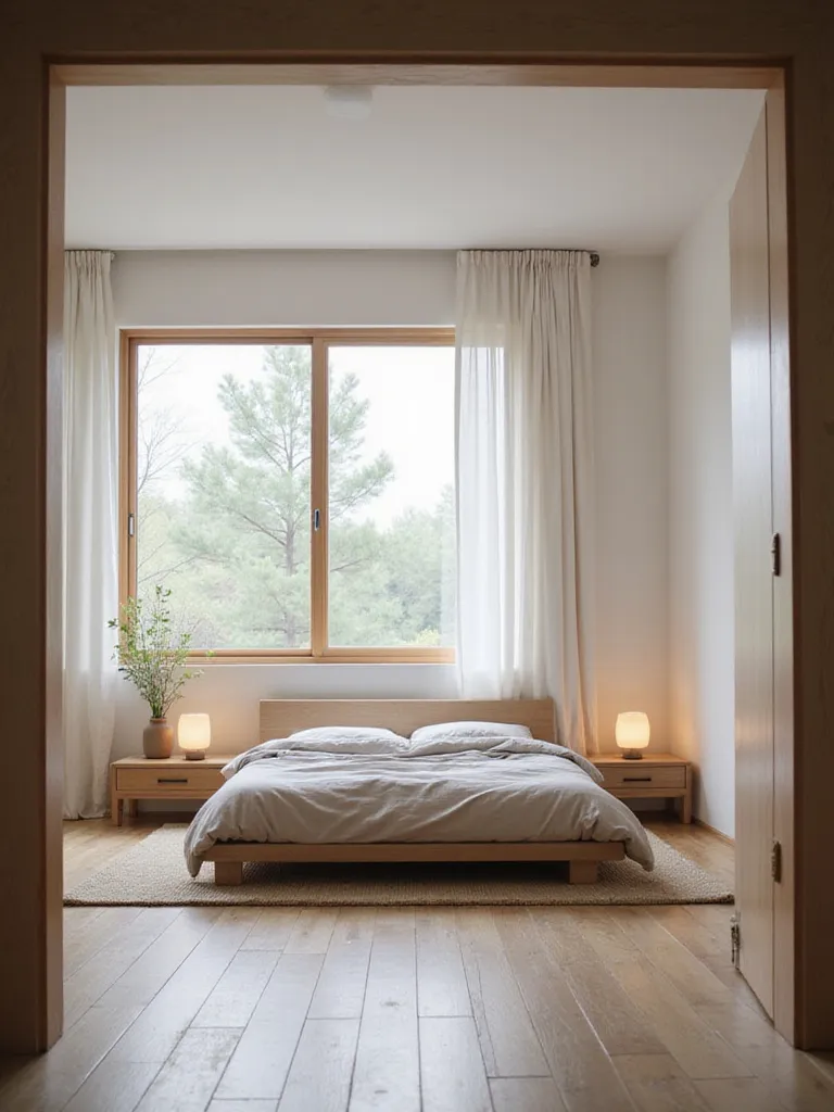 A serene Japandi style bedroom with a low-profile wooden bed, minimalist furniture, natural textures, and a muted color palette.