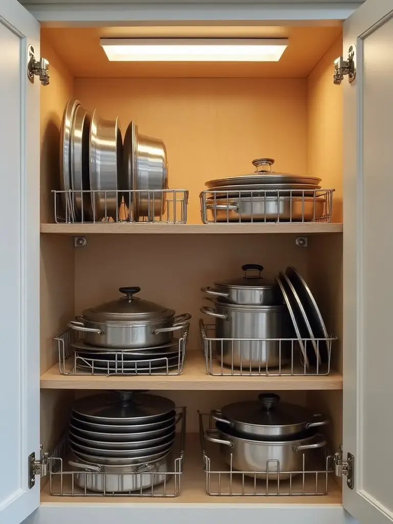 Interior of a kitchen cabinet showing pots, pans, and lids neatly organized with metal wire dividers.