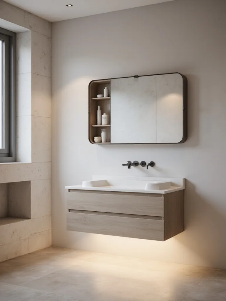 A minimalist modern bathroom showcasing sleek hidden storage solutions, including a seamless vanity with integrated drawers, a large recessed mirror cabinet, and a built-in wall niche with a hidden door.