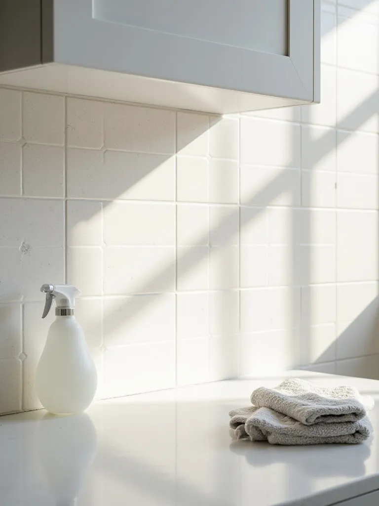 Sparkling clean geometric ceramic tile kitchen backsplash with cleaning supplies on the counter.