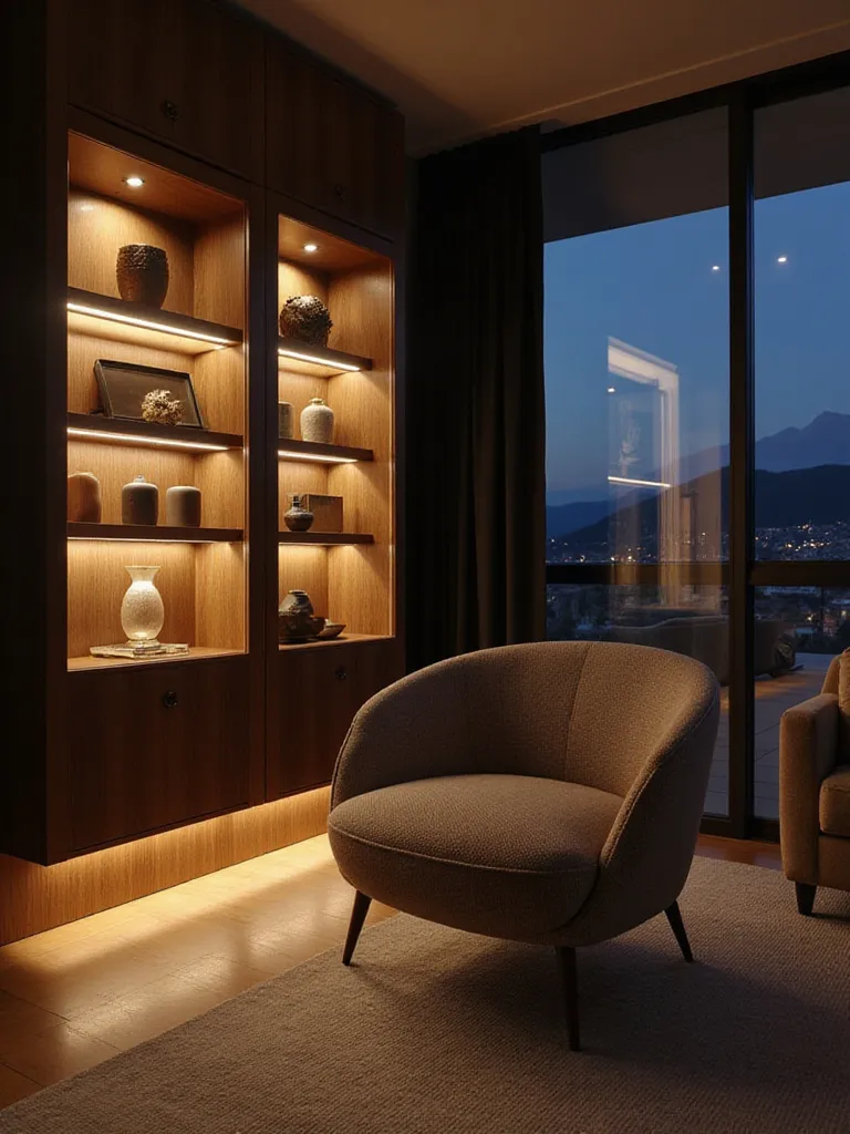 Sophisticated living room showcasing elegant furniture enhanced by strategic accent lighting, including illuminated display shelves, uplighting on an armchair, and concealed sofa base lighting.