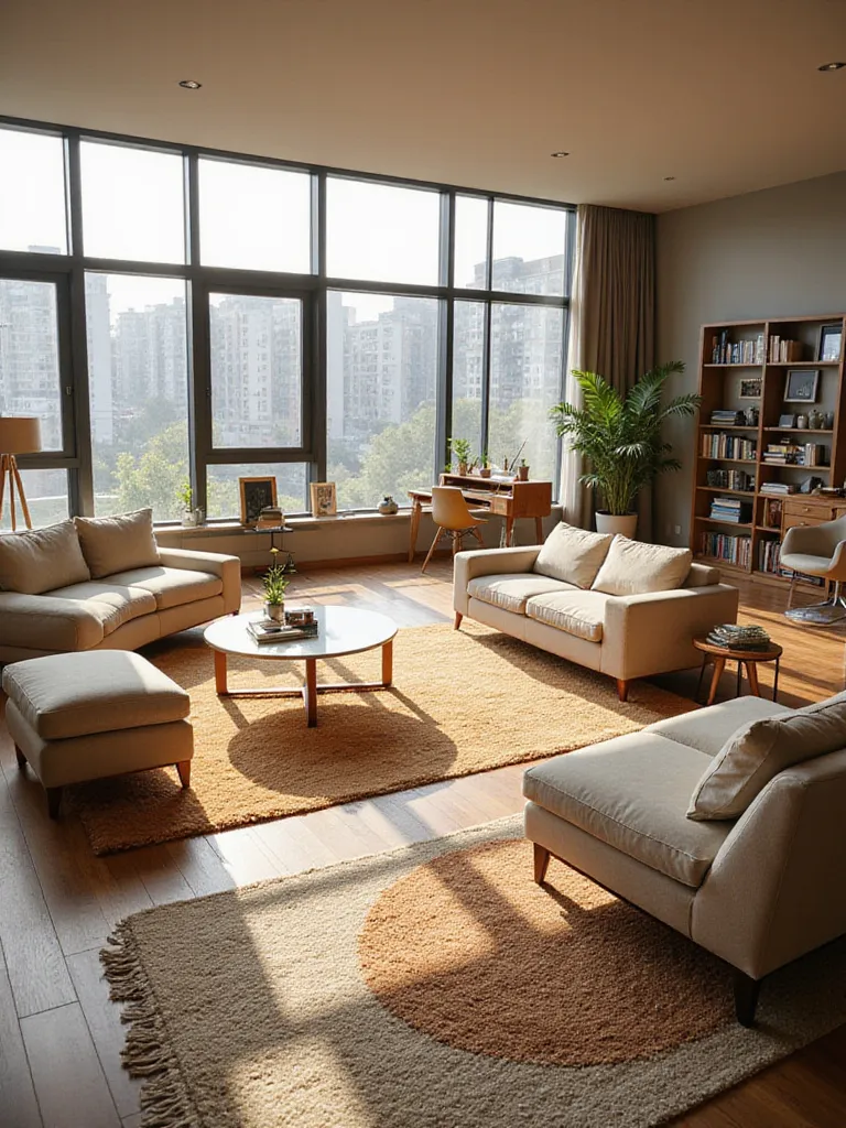 A modern living room interior divided into three distinct zones: a comfortable seating area, a small home office corner, and a reading nook, demonstrating a multi-functional layout.