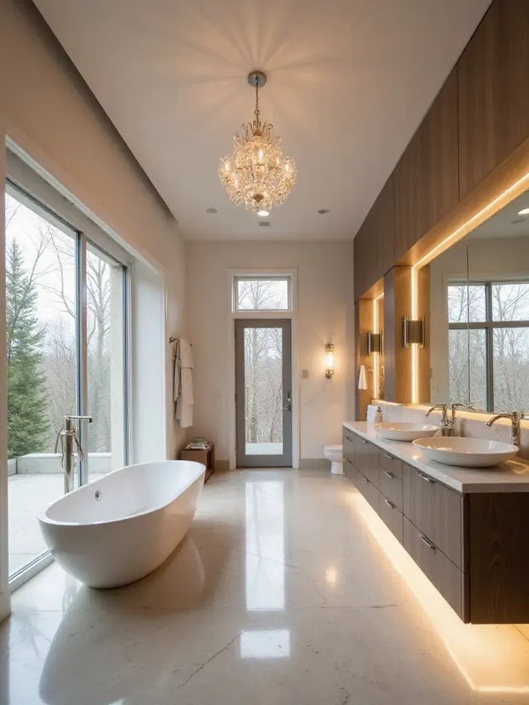 Luxurious, large bathroom with layered lighting design including a chandelier, recessed lights, sconces, and under-cabinet lighting.