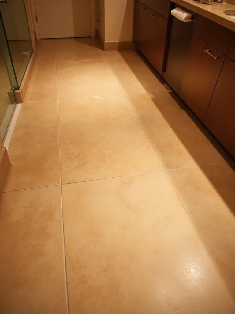 A modern bathroom floor with large, warm-toned porcelain tiles, subtly illuminated to suggest underfloor heating providing comfort and warmth.