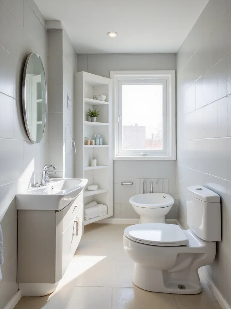 Small modern bathroom with a smart layout featuring a corner sink, corner shower, and vertical storage to maximize space efficiency.