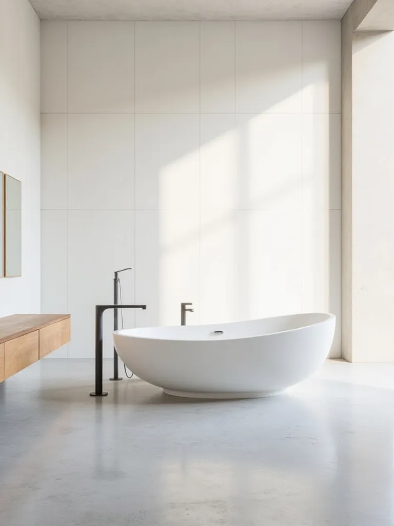 A modern bathroom featuring a white oval freestanding tub as a luxurious statement piece.