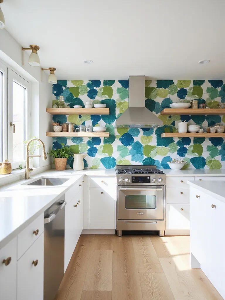 Modern kitchen featuring a bold, colorful geometric pattern tile backsplash extending from the counter to the ceiling.