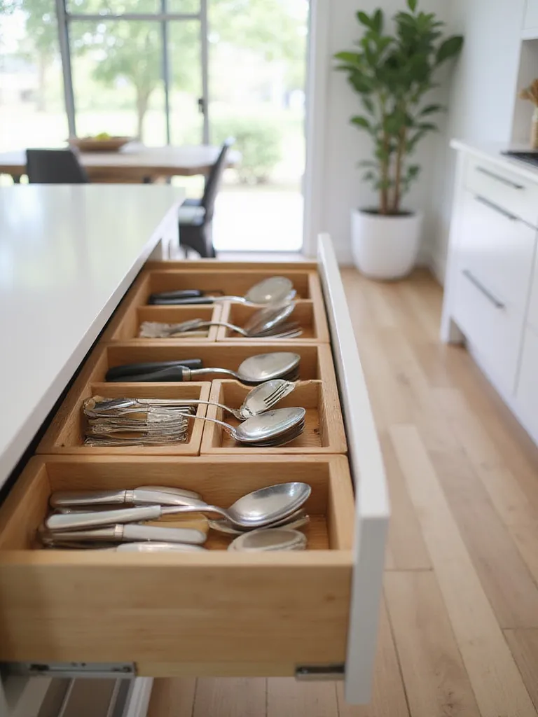 An open kitchen drawer showcasing smart dividers organizing forks, knives, spoons, and other utensils neatly within separate compartments in a bright kitchen setting.