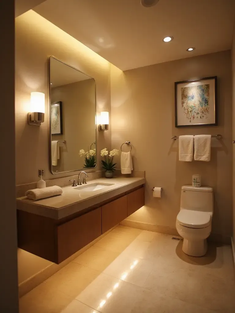 Modern bathroom with layered lighting: recessed lights, vanity sconces, under-cabinet LEDs, and accent lighting.