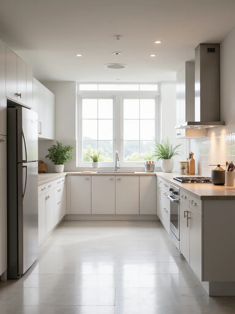 Spacious modern kitchen layout designed for optimal flow, featuring an efficient work triangle between the refrigerator, sink, and range, ample counter space, and natural light.