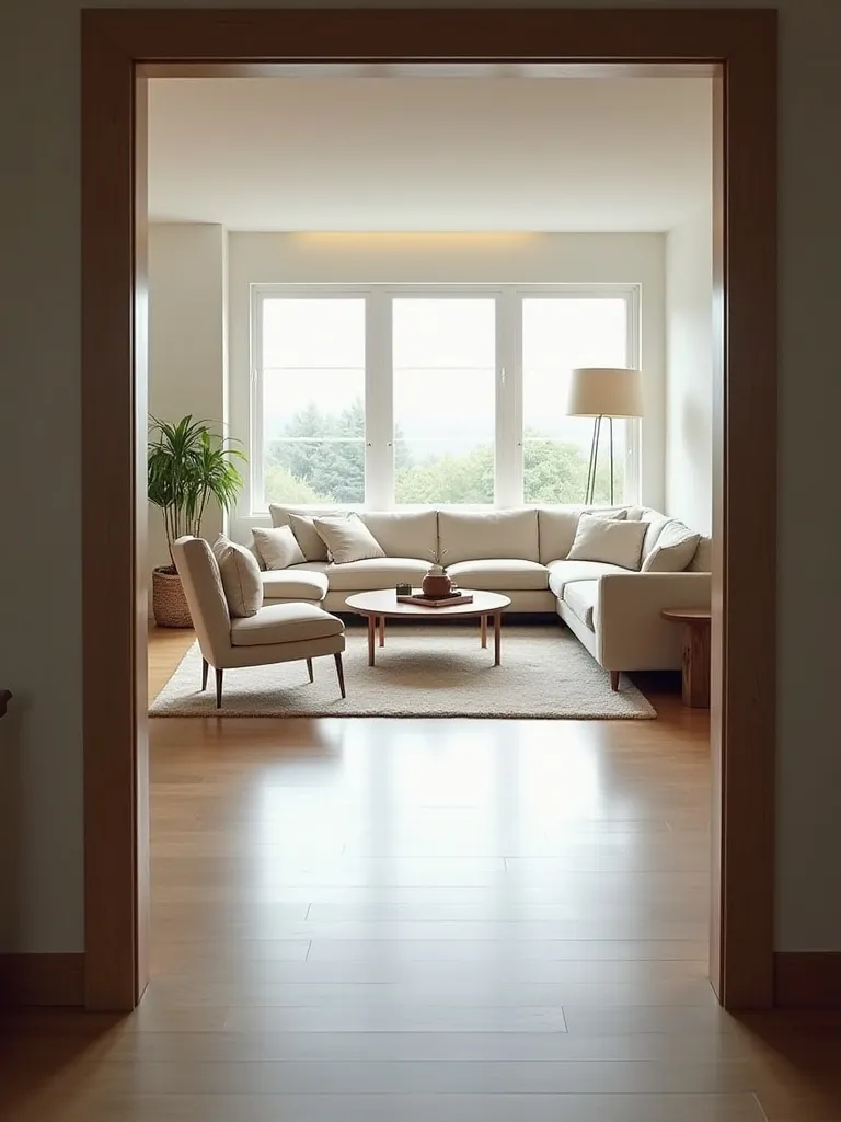 Living room layout showing clear pathways and a conversation zone defined by furniture arrangement and an area rug.