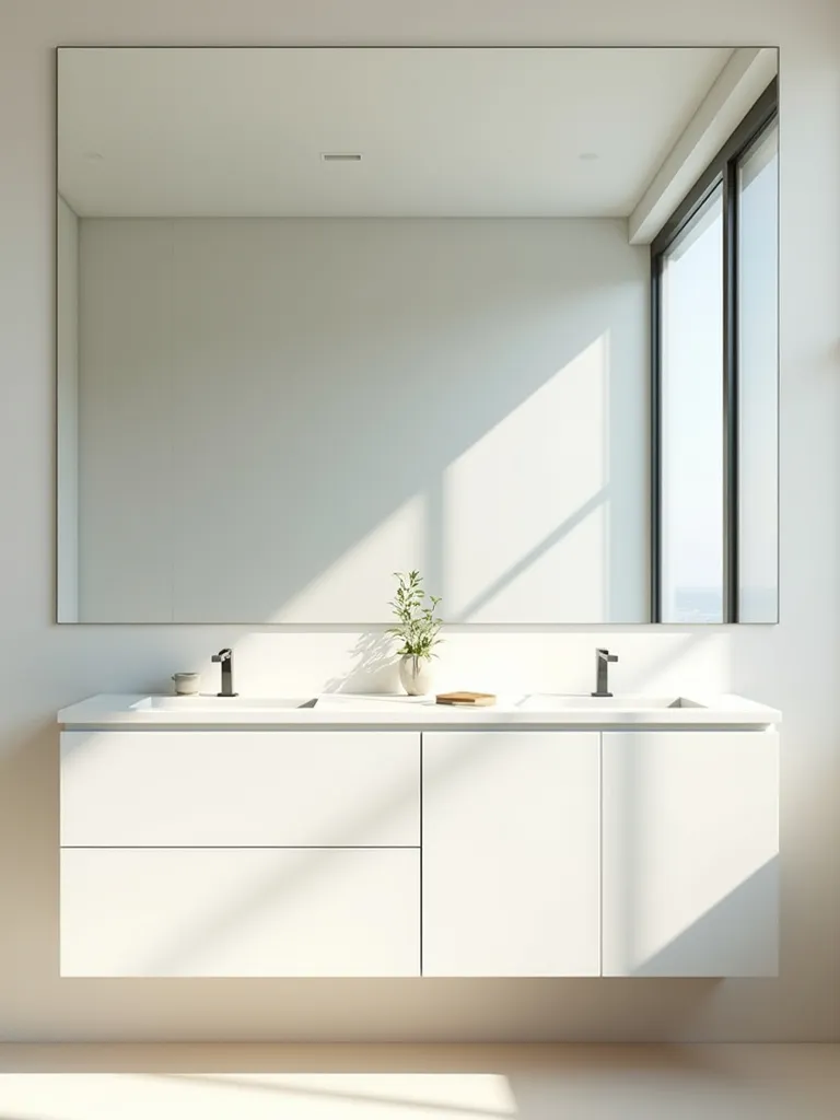 A modern small bathroom featuring a large, frameless mirror above the vanity that reflects the room and enhances the sense of space and light.