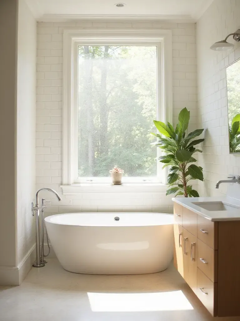 Bright bathroom with large window above bathtub, maximizing natural light