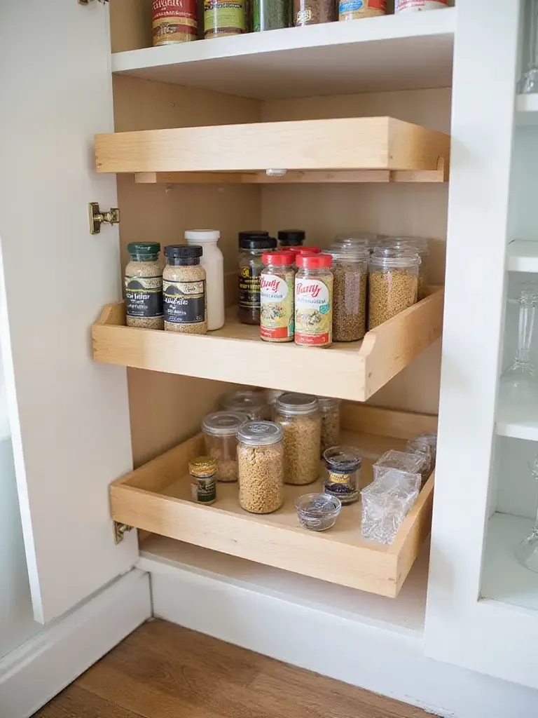 Organized kitchen cabinet showcasing smart cabinet organizers including pull-out shelves and tiered racks.