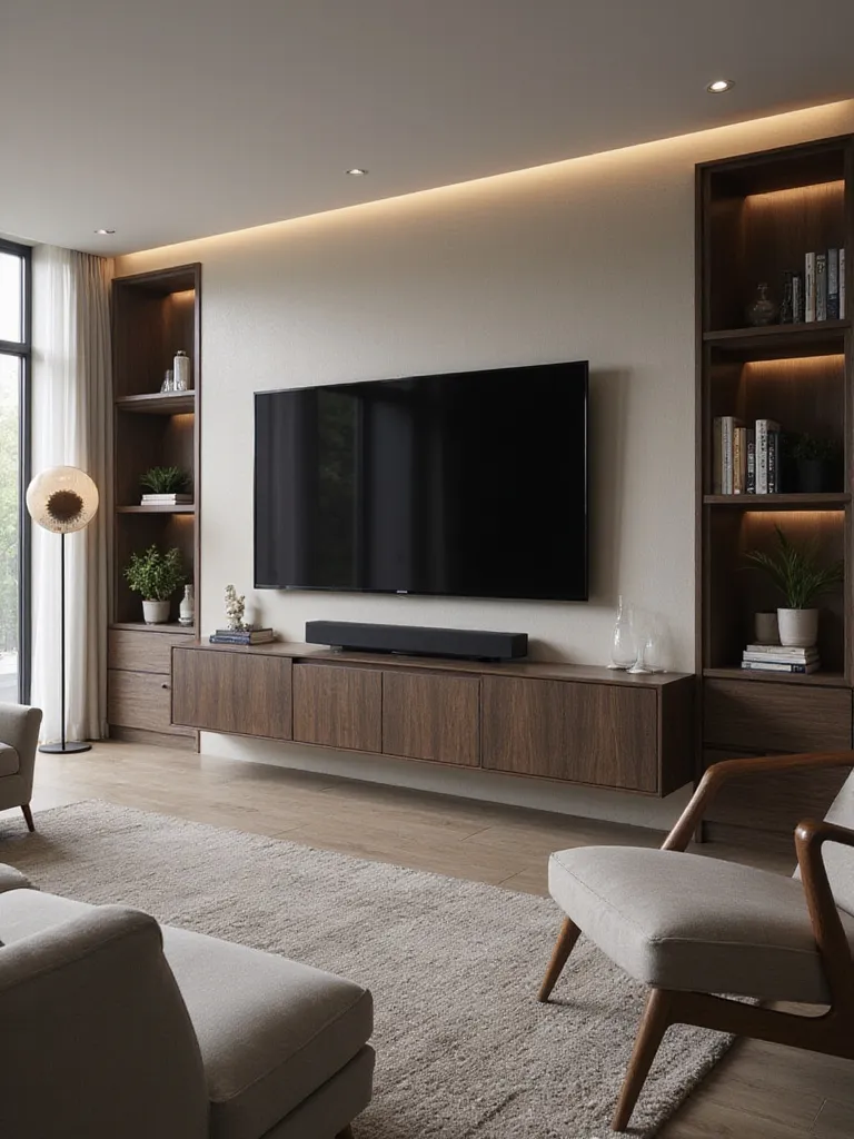 A modern living room featuring a well-designed media zone with a mounted television, sleek console, and integrated shelving, illustrating smart TV and console placement.