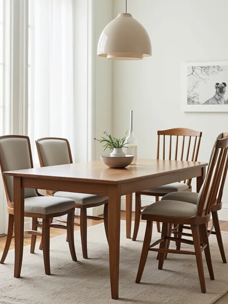 Mixed and matched dining chairs around a table, featuring durable performance fabric and wooden styles for personalized comfort in a pet-friendly home.