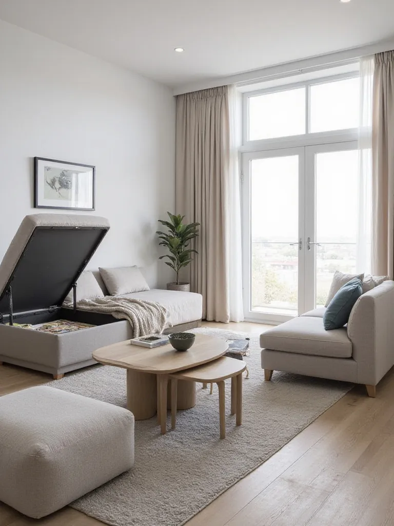 A modern living room featuring multi-functional furniture, including a sofa bed, storage ottoman, nesting tables, and a lift-top coffee table, optimizing space and versatility.