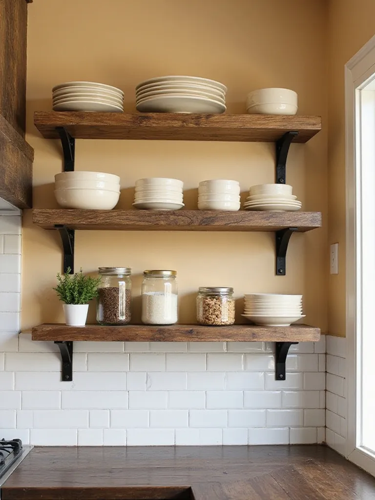 Rustic kitchen featuring open shelves made of reclaimed wood, supported by black wrought iron brackets, displaying ceramic dishes and jars.