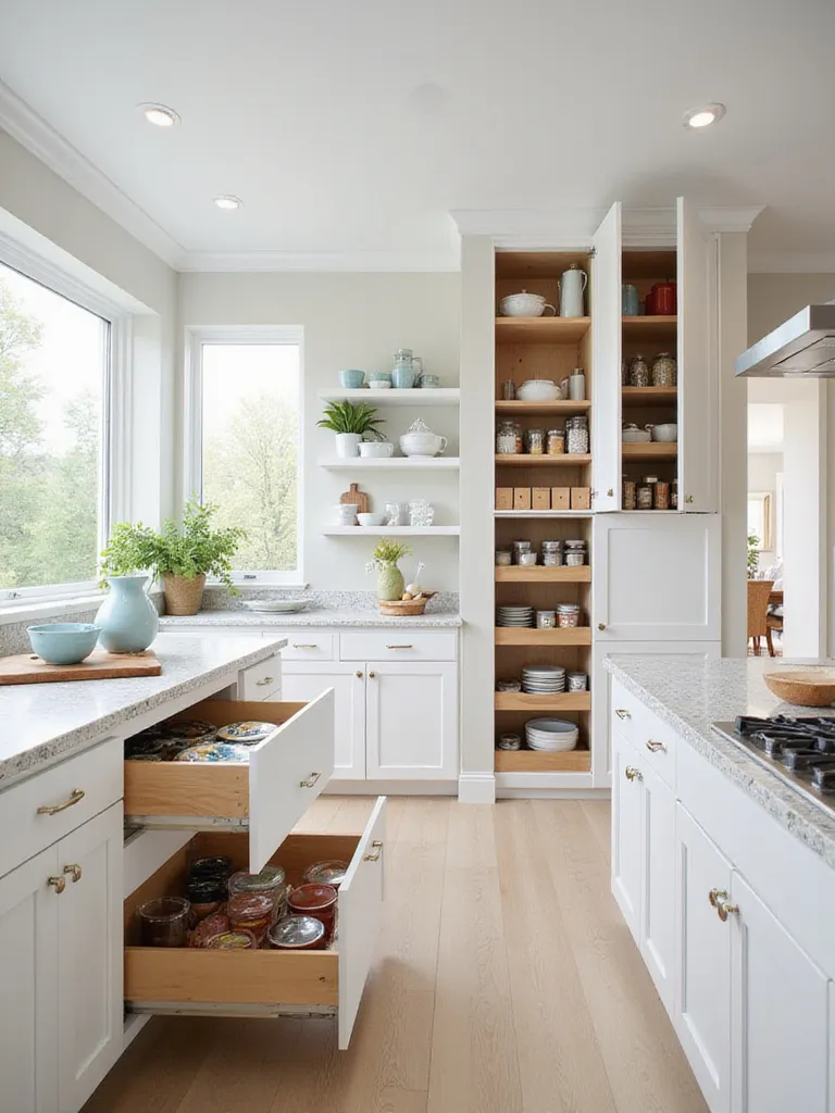 Interior view of a modern kitchen featuring optimized storage solutions, including deep drawers with dividers, pull-out pantry shelves, and corner cabinet organizers, creating a highly functional and organized space.