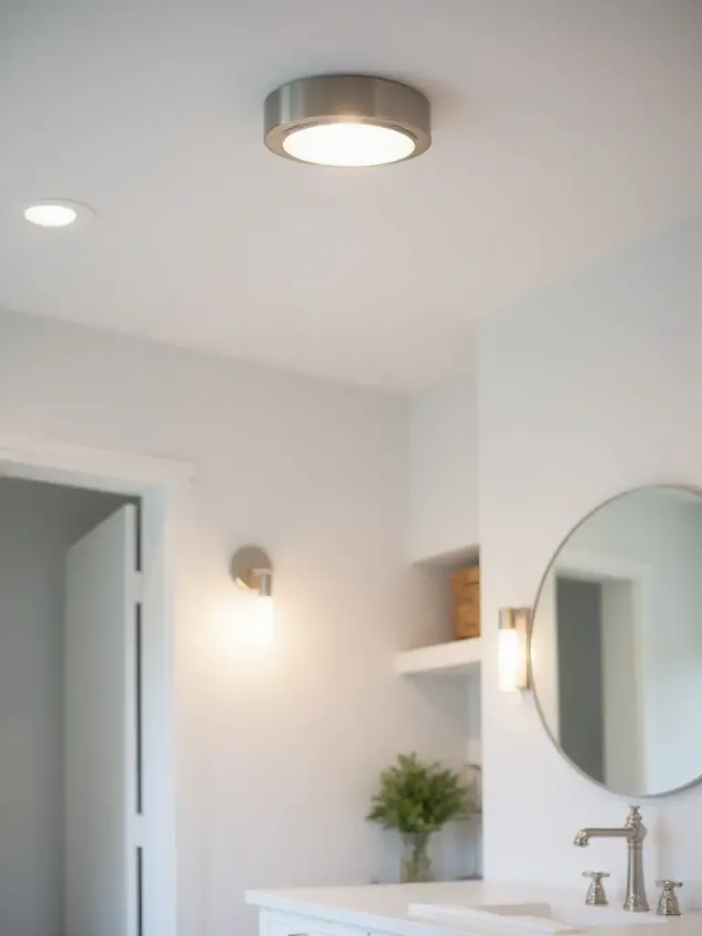 Modern bathroom with flush mount ceiling light providing ambient illumination