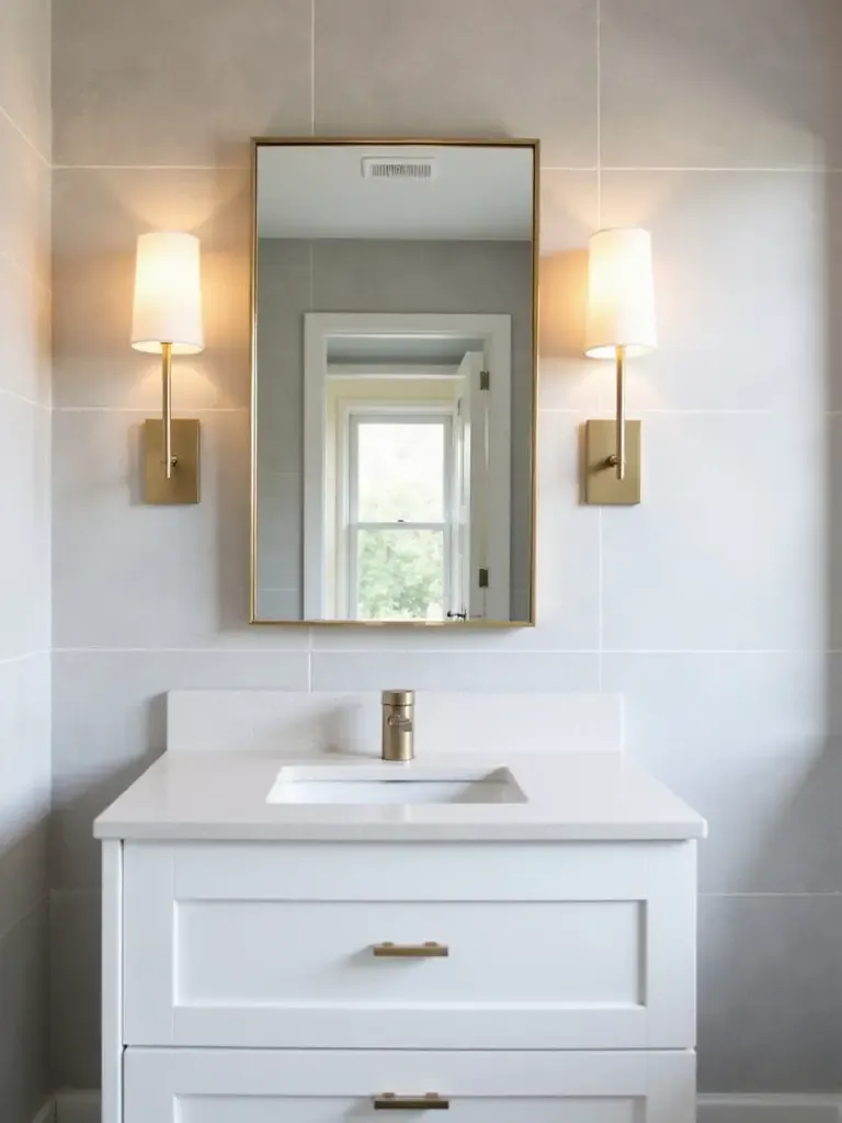 Bathroom vanity with sconces at eye level providing balanced lighting