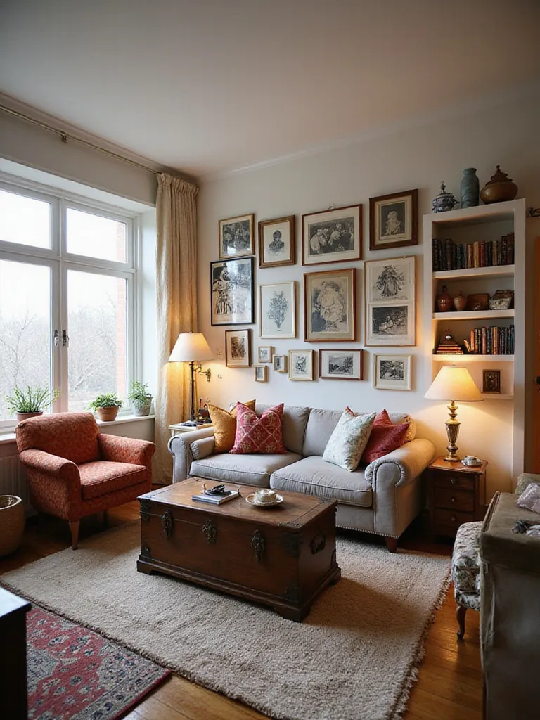 An eclectic living room showcasing personalized decor with a mix of DIY art, inherited furniture like a reupholstered vintage chair and antique chest, and a gallery wall of family photos and handmade pieces, creating a unique and inviting space.