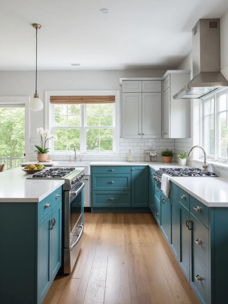 Modern kitchen interior design with two-tone teal and gray cabinets, white quartz countertop, and stainless steel appliances.