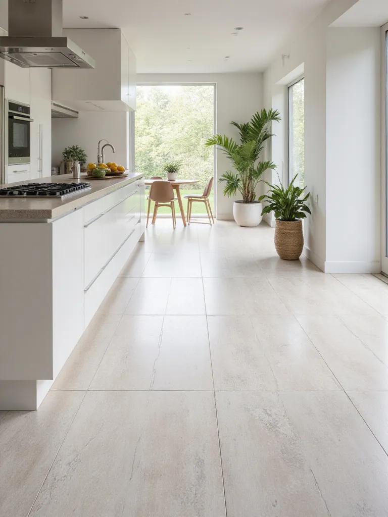 View of a modern kitchen floor featuring large format porcelain tiles with subtle veining, extending under a kitchen island towards sleek cabinetry.