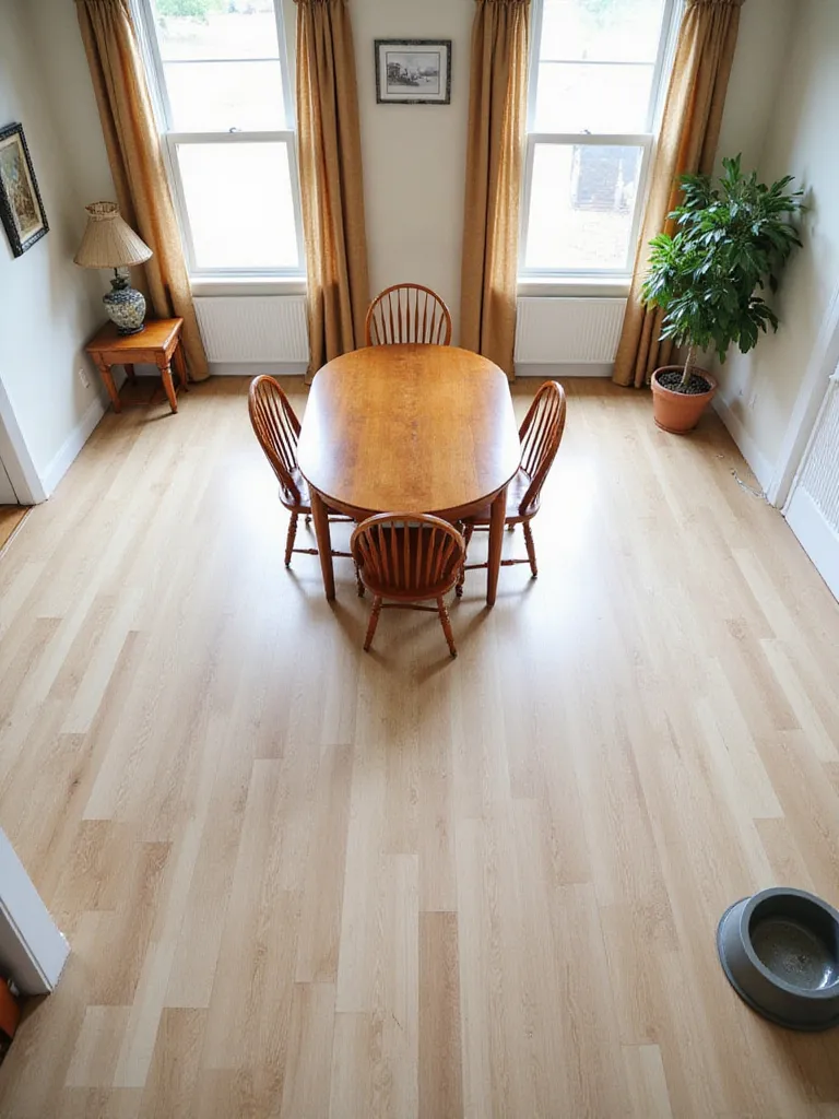 A dining room with planned traffic flow, ensuring at least 42-48 inches of clearance around the table for easy movement for both people and pets