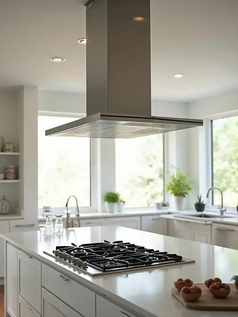 Modern kitchen with stainless steel range hood and bright lighting