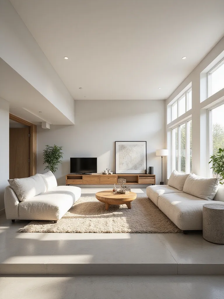 A future-proof living room featuring a modular sectional sofa, durable coffee table, and media console, designed for flexibility and longevity.