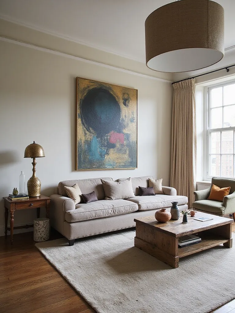An eclectic living room demonstrating a playful use of scale and proportion, featuring a large sofa, small accent chair, oversized art, and varied lighting fixtures and accessories.